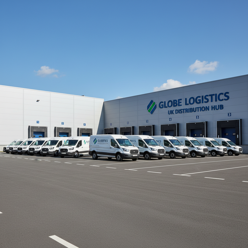 Fleet of white delivery vans parked in a row at a UK distribution center