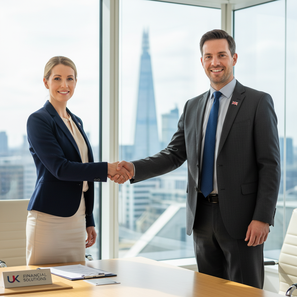 Business owner shaking hands with a mortgage advisor in a UK office