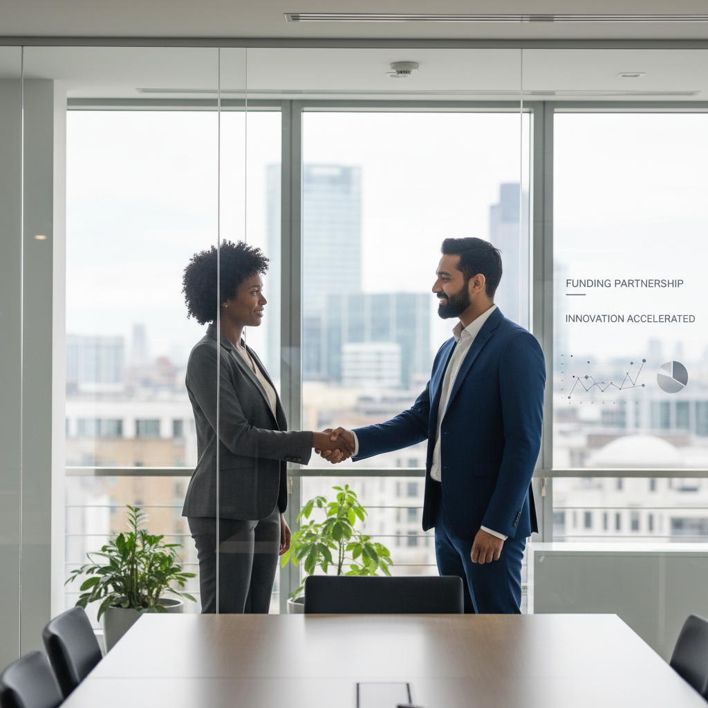 Two business professionals shaking hands in a modern UK office