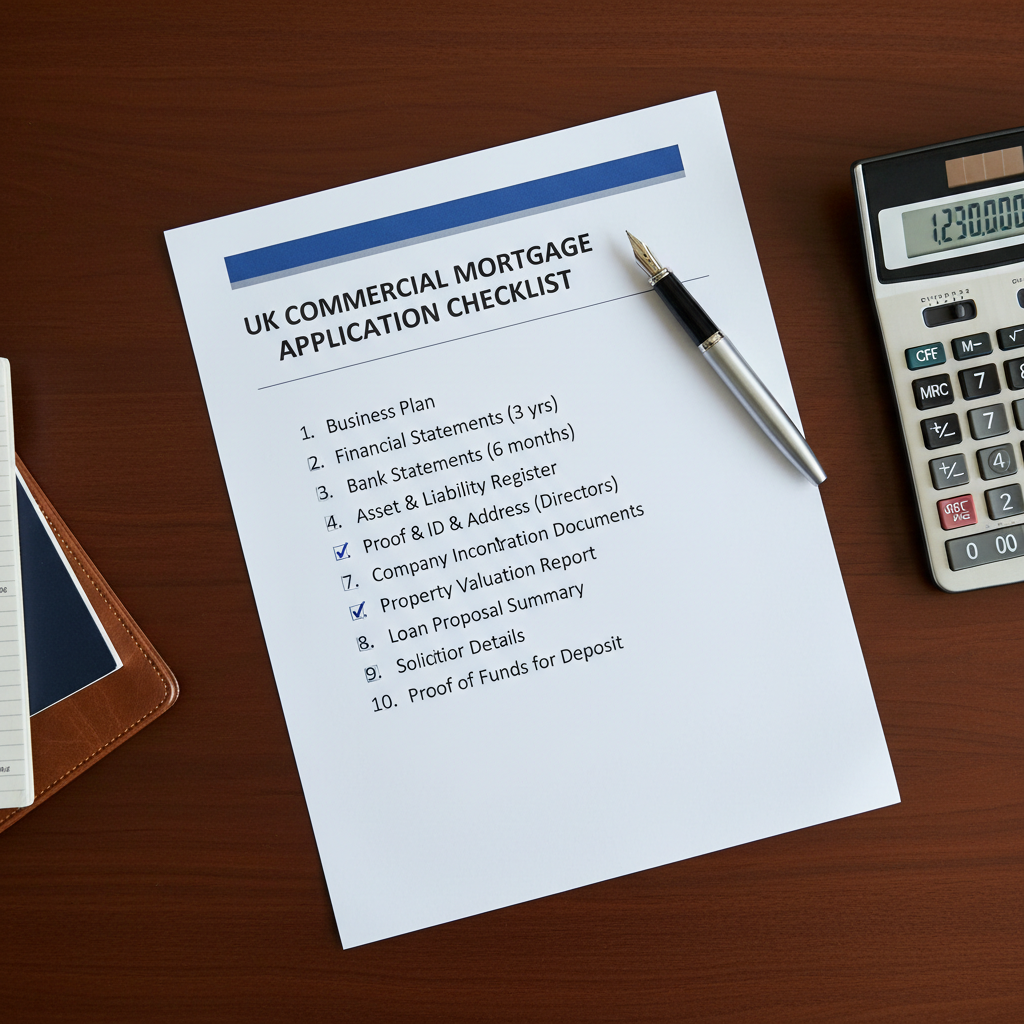 Commercial mortgage checklist on a desk with a calculator
