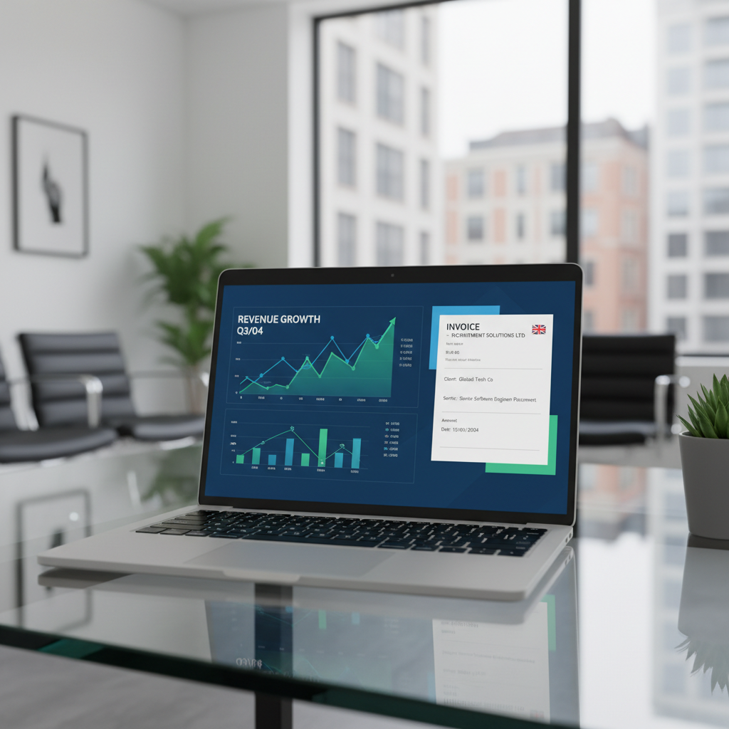Laptop screen showing financial growth charts in a recruitment agency