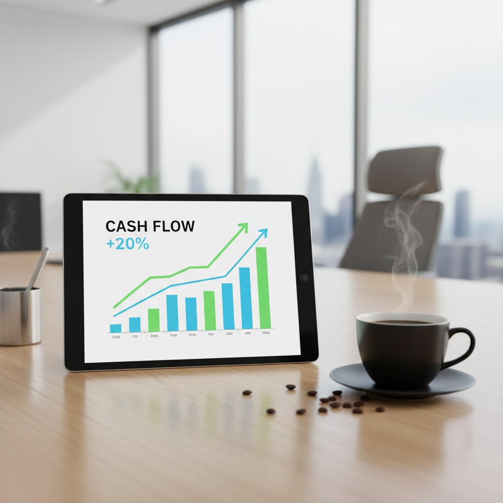 Tablet on a desk displaying business growth and financial charts