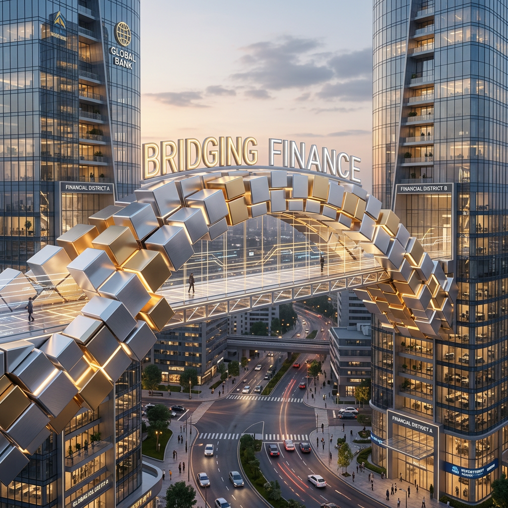 3D render of a metaphorical bridge connecting two office buildings representing bridging loans