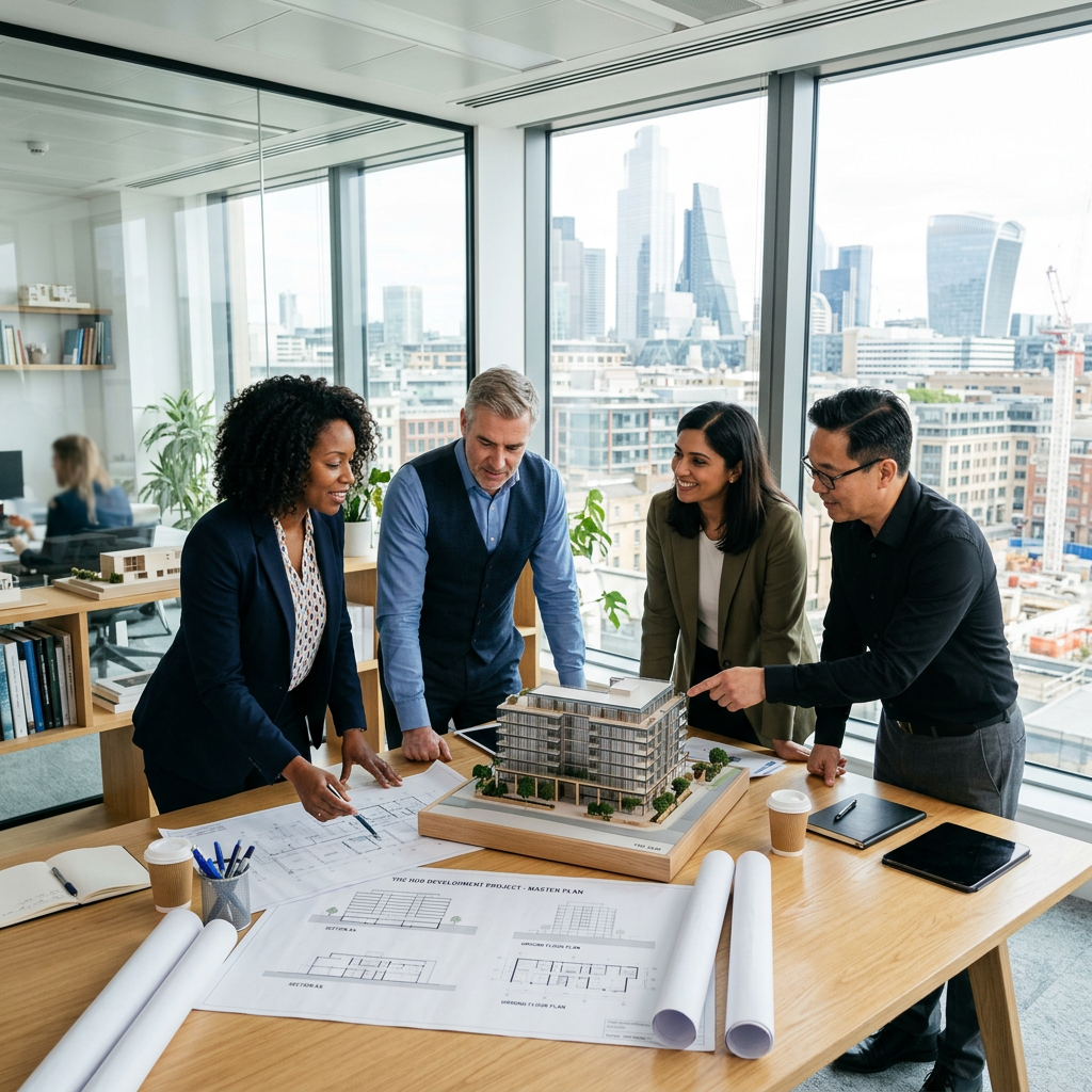 A team of business leaders planning expansion with architectural blueprints