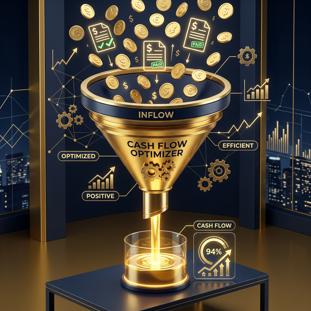 Conceptual 3D render of a golden funnel optimizing invoice cash flow