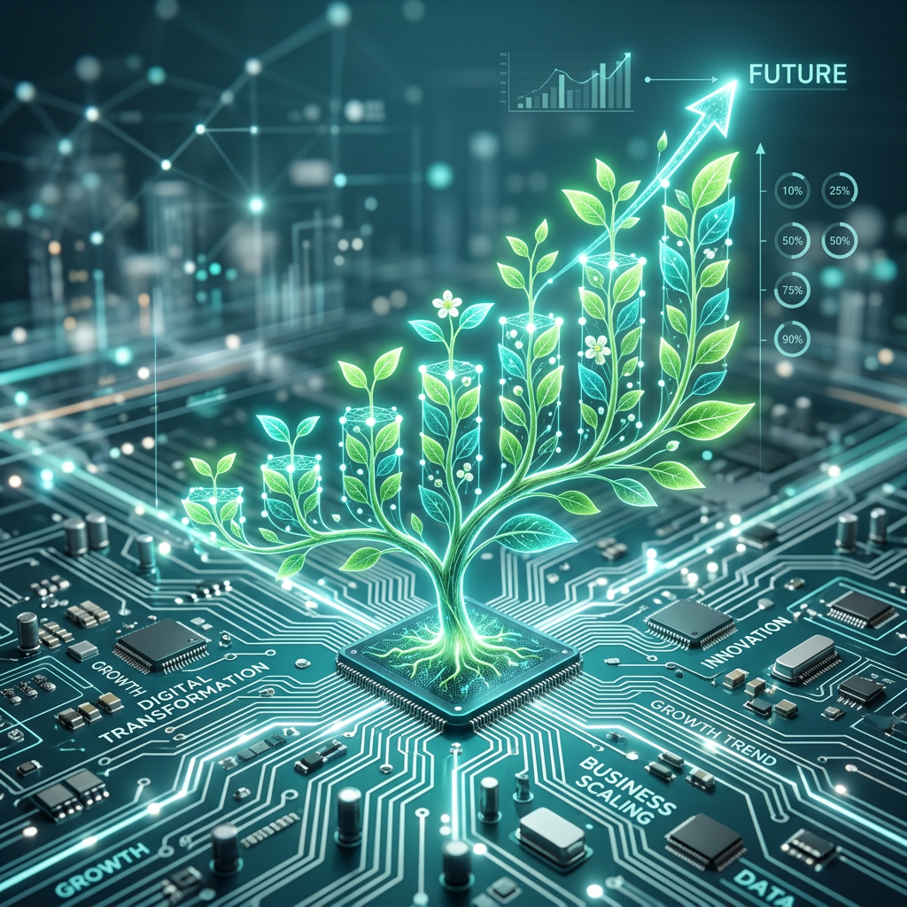 A 3D render of a seedling growing from a circuit board representing digital growth