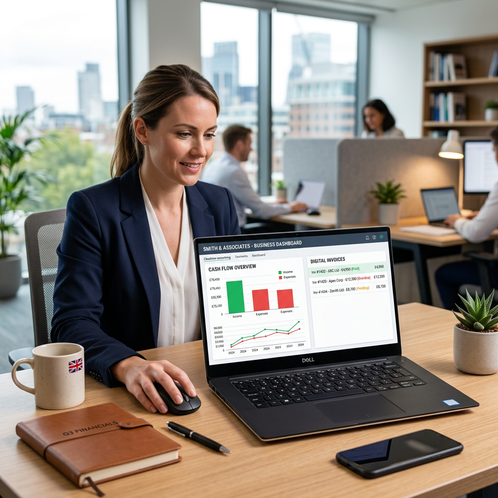A modern accounting workspace with a dashboard showing invoice and cash flow data