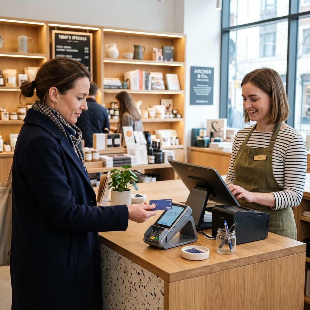 A customer paying by card in a modern UK retail shop