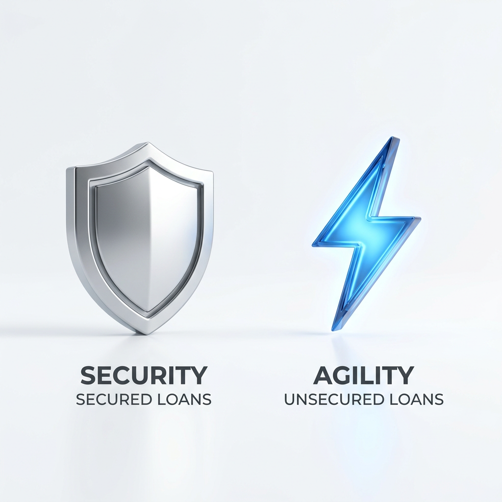 Abstract render of a shield and a lightning bolt representing secured and unsecured business loans