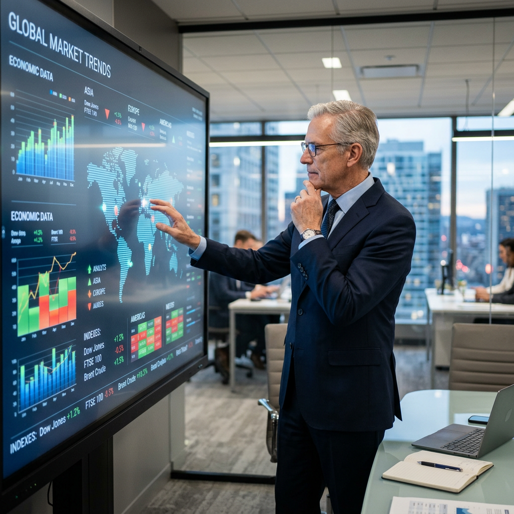 A business strategist analyzing market data on a large screen
