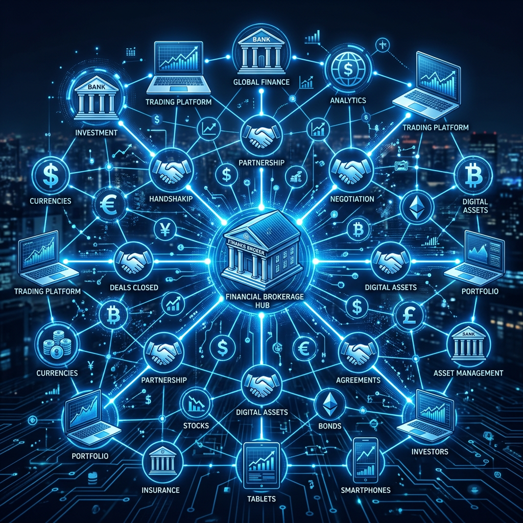 A network of blue lines connecting financial icons representing a broker's connections