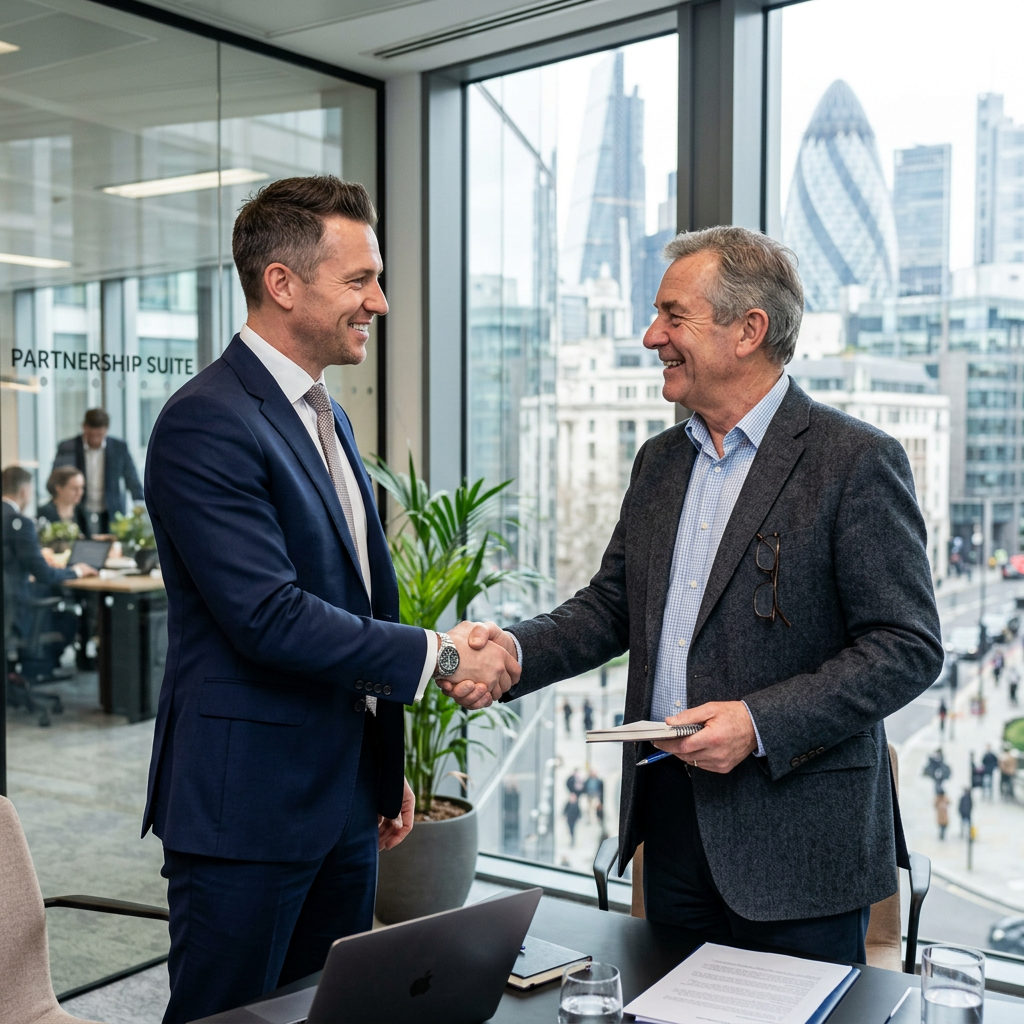 A finance broker and a business owner shaking hands in a modern office