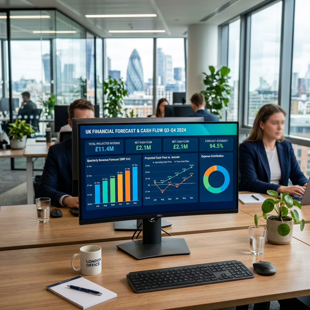 A professional financial forecasting dashboard showing growth trends for UK SMEs