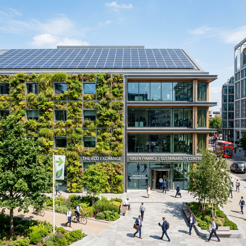 A modern UK commercial building with solar panels and green walls representing sustainable finance