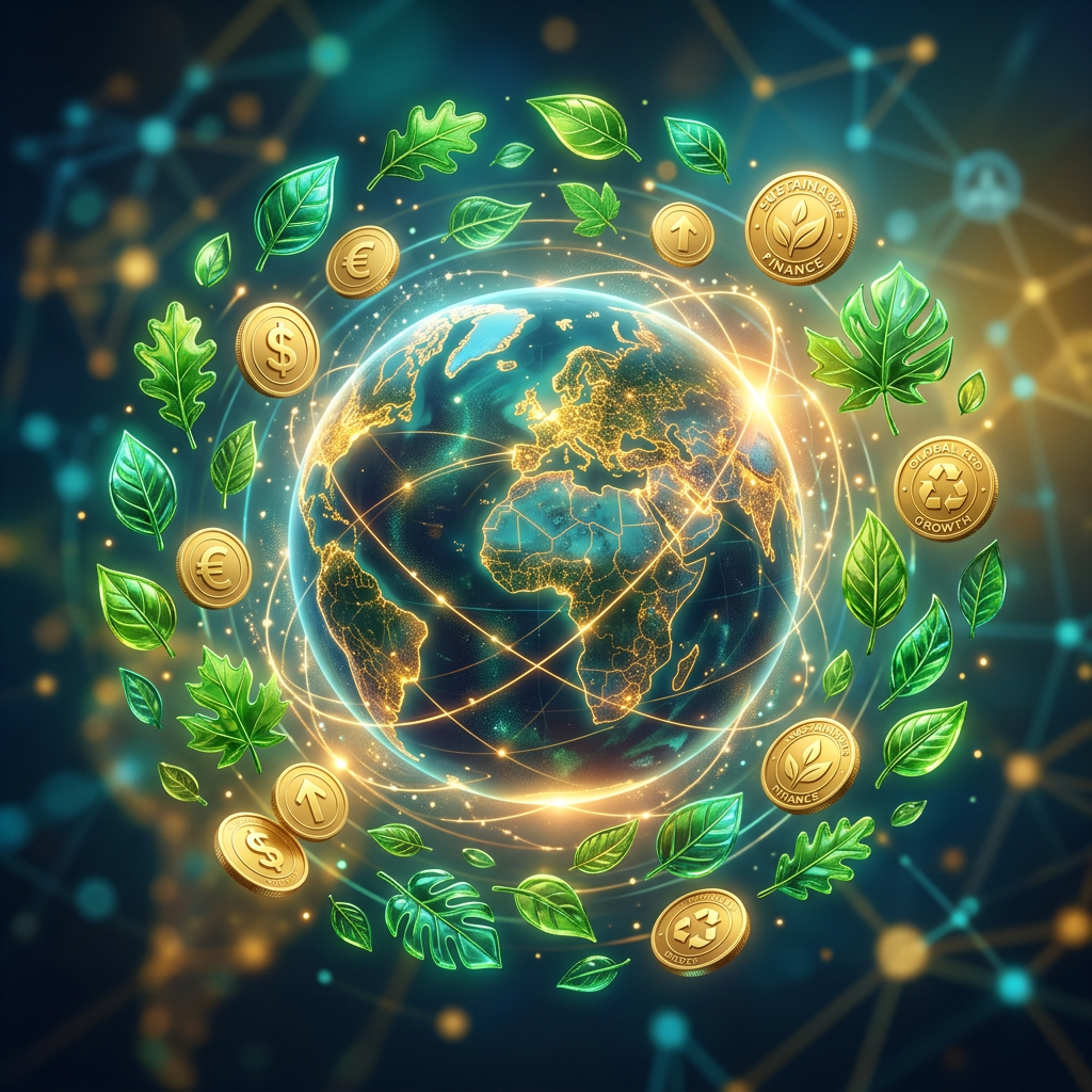 Abstract render of a globe with leaves and coins representing green finance
