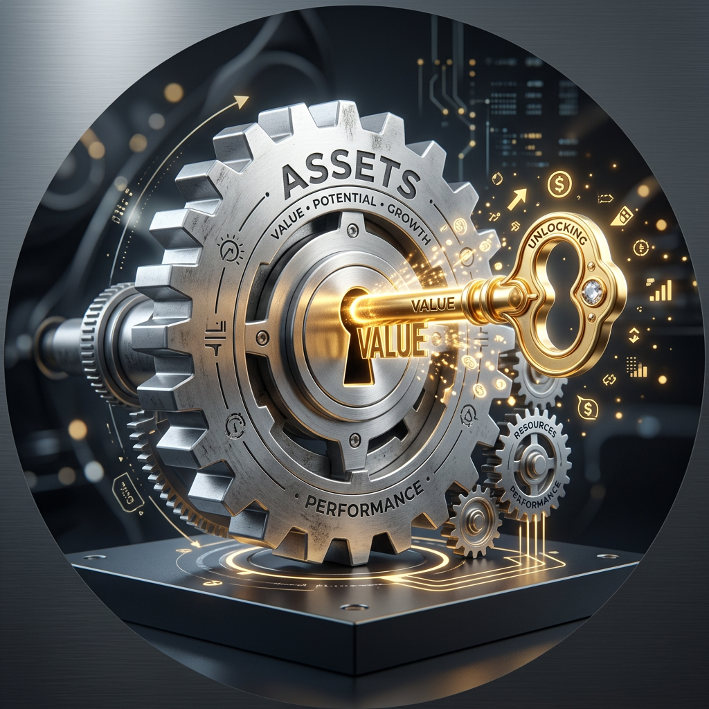 Conceptual 3D render of a golden key unlocking a gear representing asset refinancing